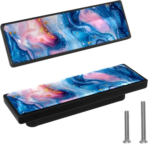 Vista 12 de LORVIES Paquete de 4 pomos decorativos de mármol de 3.6 pulgadas para gabinete, vidrio ABS largo rectangular negro, manijas de puerta de cajón