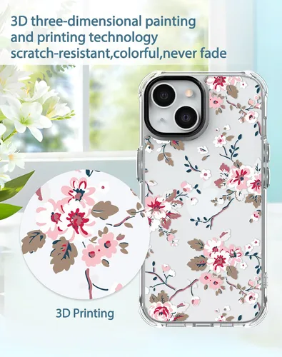 Vista 6 de Feitenn Funda para iPhone 15, policarbonato transparente + TPU suave a prueba de golpes, diseño de flores Beatuy con protector de pantalla de vidrio