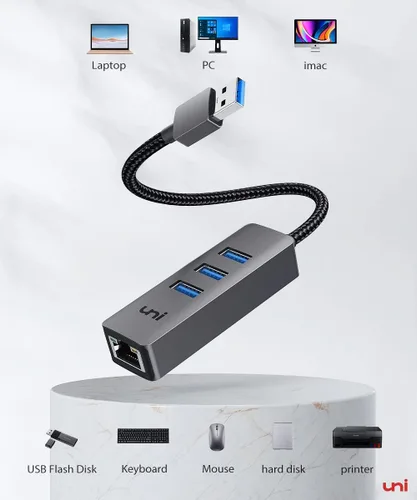Vista 6 de uni Adaptador USB a Ethernet, concentrador USB 3.0 con 100/1000 Mbps RJ45 Ethernet sin controlador, resistente adaptador de red USB-A a LAN