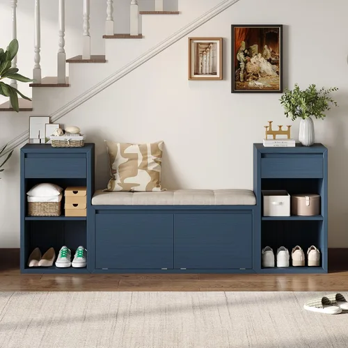 Vista 14 de SOFTSEA Banco de Almacenamiento Tapizado, Otomana de Almacenamiento con Cesta Removible y 2 Cajones, Banco de Zapatos de Estilo Granja con Cojín