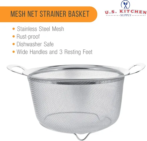 Vista 3 de Colador de acero inoxidable U.S. Kitchen Supply con malla de 3 cuartos de galón, tipo canastilla con un amplio borde, pies de apoyo y asas