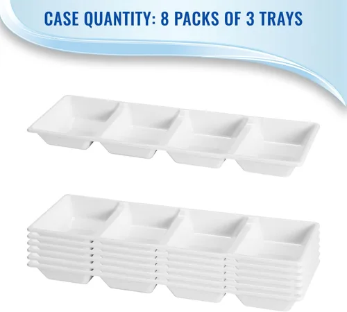 Vista 4 de Bandejas de alimentos de 4 secciones, platos desechables de plástico blanco para servir condimentos de postres, dulces, platos de frutas en rodajas