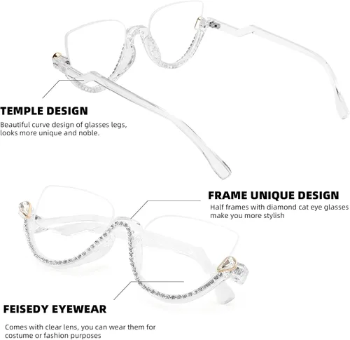 Vista 4 de FEISEDY Gafas de bloqueo de luz azul para mujer, gafas de ojo de gato con incrustaciones de diamante antifatiga ocular B2995