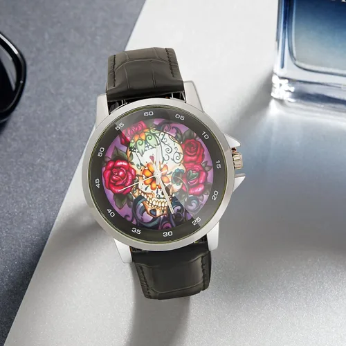 Vista 6 de Diseño especial hermoso cráneo de azúcar floral personalizado unisex correa de cuero de acero inoxidable reloj caja de metal, vidrio templado, banda