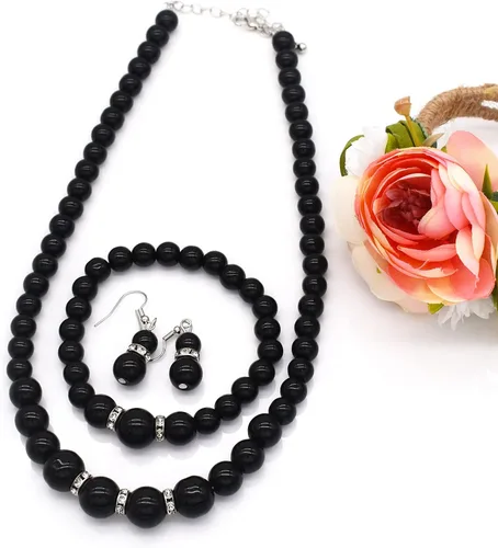 Vista 3 de CIOOU Collar de perlas de imitación para mujer, gargantilla de perlas y aretes, conjunto de joyas de boda para novia, collares de cuentas gruesas