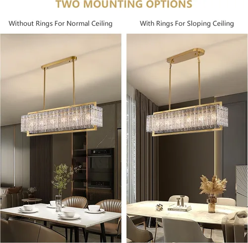 Vista 10 de Lámpara rectangular de cristal de lujo, moderna lámpara colgante rectangular LED, lámpara colgante dorada para comedor, cocina, isla de 40 pulgadas