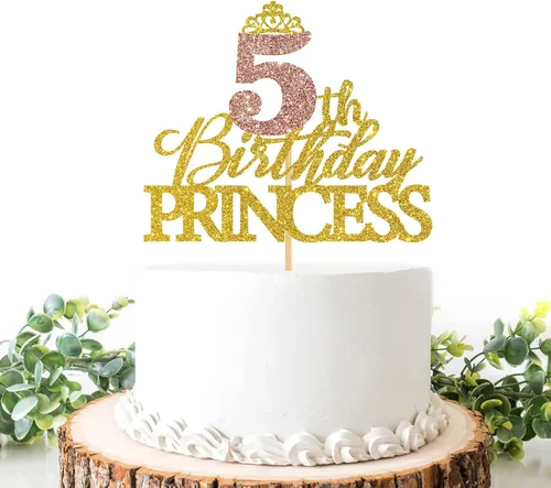 Vista 10 de Decoración de princesa para pastel de primer cumpleaños, letrero de corona brillante de oro rosa, palillos reutilizables para tartas para niñas