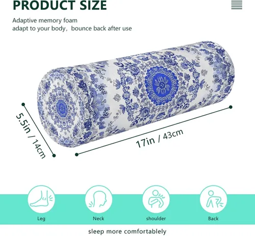 Vista 3 de Rollo cervical para el cuello, almohada redonda de porcelana azul y blanca, almohada de espuma viscoelástica lavable, almohada de refuerzo