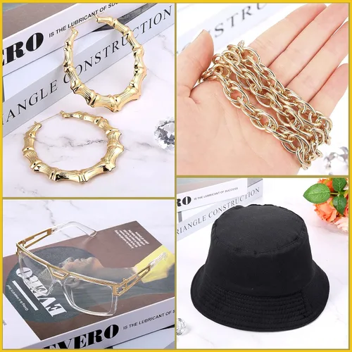 Vista 4 de Kit de disfraz de hip hop de los años 8090, accesorios de rapero, sombrero de cubo, lentes de sol transparentes, cadena de cuerda dorada, aretes