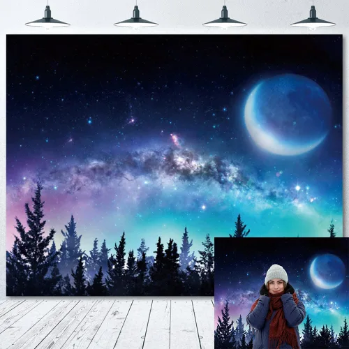 Vista 3 de Telón de fondo de cielo nocturno estrellado para fotografía, 10 x 8 pies, vista nocturna del bosque, telón de fondo para fotos, universo galaxia