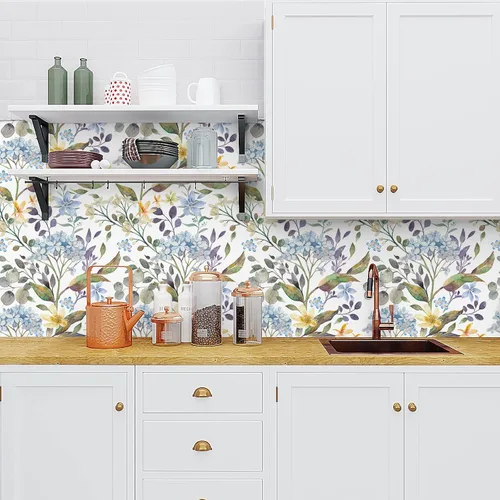 Vista 7 de VEELIKE Papel tapiz de flores de hortensias azules de 17.7 x 118 pulgadas, para despegar y pegar, papel tapiz floral de hojas de eucalipto