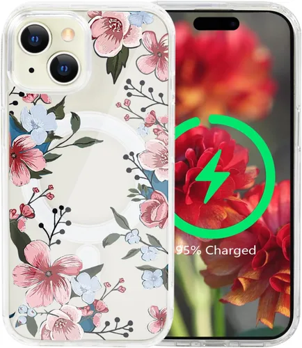 Vista 54 de Funda magnética de flores para iPhone 15 [compatible con MagSafe] Bonito patrón floral transparente a prueba de golpes