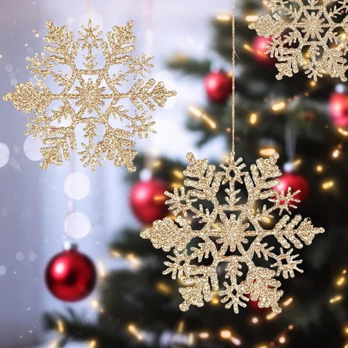 Vista 4 de AMS 30 unidades 4"/100 mm adornos de copo de nieve de plástico con purpurina brillante, decoración de árbol de Navidad para boda, Acción de Gracias