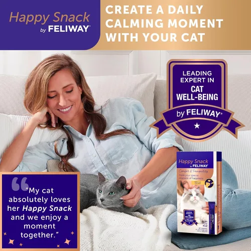 Vista 4 de Happy Snack de FELIWAY®, Golosinas lamibles y exprimibles en puréa para gatos para una rutina diaria de calma, hechas con pollo real, paquete de 12
