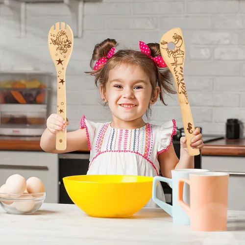 Vista 3 de Cucharas de bambú orgánico The Little Mermaid para cocinar patrón de cartton personalizado cocina utensilios quemados espátula artículos