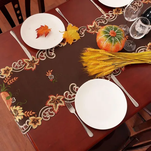 Vista 5 de Caminos de mesa bordados marrones de cosecha de Acción de Gracias para decoraciones de otoño u otoño (14 x 34 pulgadas)