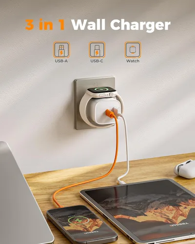 Vista 2 de Bloques de carga para Apple Watch, bloque de carga PD 20W USB C 3 en 1 con carga inalámbrica inteligente incorporada para reloj inteligente Blanco