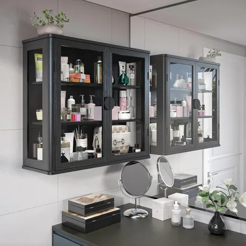 Vista 2 de NEWOWNDS Gabinete de Almacenamiento de Pared con Vitrina de Vidrio Templado Negro, Gabinete de Pared para Baño, Gabinete Montado en la Pared