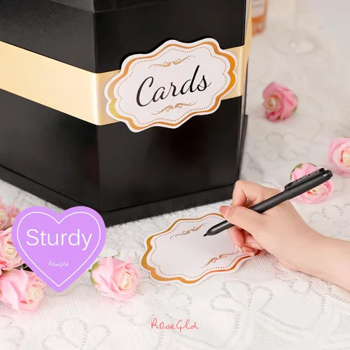 Vista 3 de ROSEGLD Caja de tarjetas, caja de recepción de tarjetas con cinta de 14 x 12 x 12 pulgadas, elegante soporte para tarjetas para bodas, graduaciones