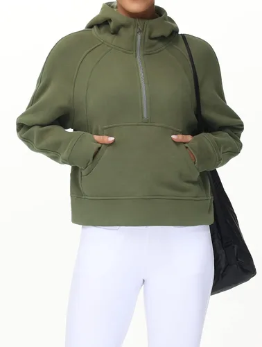 Vista 9 de Tmustobe Sudaderas con capucha de media cremallera para mujer, de manga larga, con forro polar, sin botones, con bolsillo