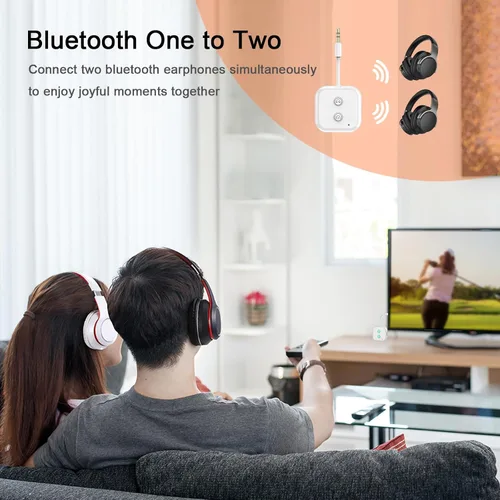 Vista 4 de Transmisor Bluetooth 5.3, adaptador de audio AptX adaptativo/baja latencia Doble enlace, funciona con conectores auxiliares de 0.1 in en aviones