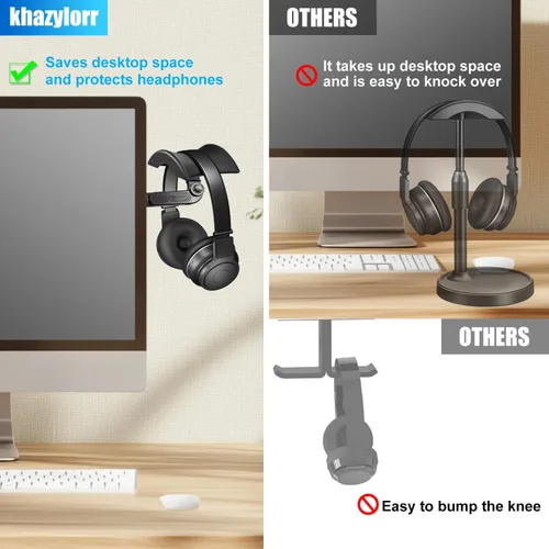 Vista 4 de Soporte de monitor para auriculares y auriculares, soporte ajustable para auriculares, soporte de gancho fuerte adhesivo en el monitor, organizador