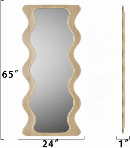 Vista 7 de Espejo ondulado de cuerpo completo de 65 x 24 pulgadas, espejo de pared irregular con marco de madera, para colgar o apoyar contra la pared
