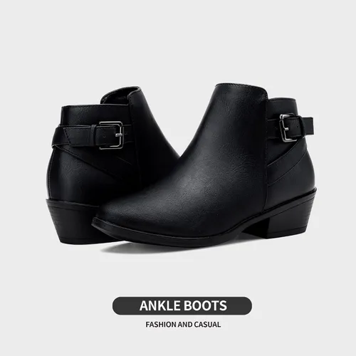 Vista 7 de VEPOSE botas al tobillo para mujer con tacón bajo y grueso, con perforaciones, botas de vaquero