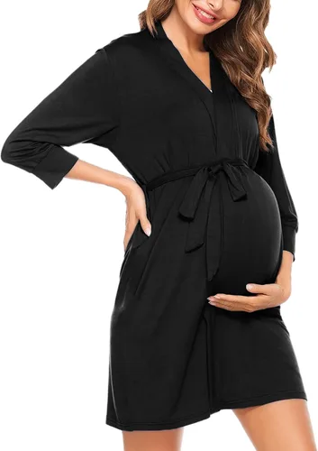 Vista 8 de SWOMOG Women's Maternity Nursing Robe Pregnancy Breastfeeding Bathrobes 3 in 1 Labor Delivery Nightgown Negro (Long Sleeve-Black)