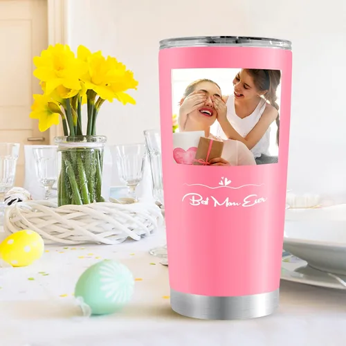 Vista 2 de Vaso de fotos personalizado con nombre, texto, logotipo, 20 onzas, impresión de doble cara, taza de café aislada de acero inoxidable, taza de viaje