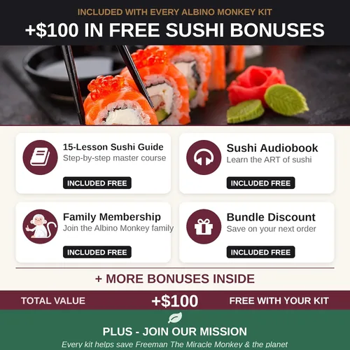 Vista 4 de Kit de fabricación de sushi de mono albino con bazuca, tapete de bambú y curso de sushi gratis Cuchillo Pro Sashimi, molde Nigiri y 5 pares