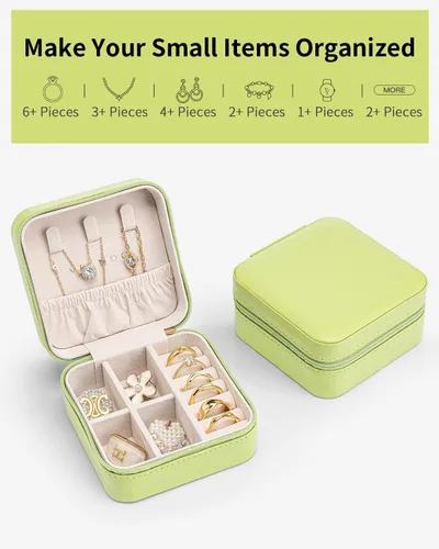 Vista 8 de Vlando Pequeño organizador de joyero de viaje Anillo de regalo para mujer, aretes, collares, vitrina de almacenamiento para niñas, color verde