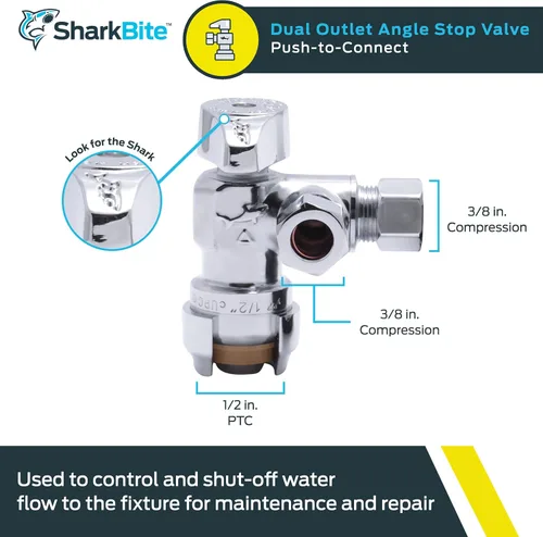 Vista 2 de SharkBite Válvula de parada de ángulo de salida doble de compresión de 1/2 x 3/8 pulgadas, cuarto de vuelta, Empuje para conectar accesorios