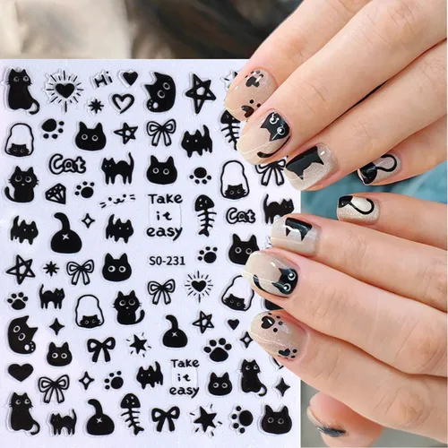 Vista 3 de Calcomanías de uñas de gato, 8 hojas de calcomanías autoadhesivas 3D con diseño de gato dorado, plateado, negro, blanco, para niños, niñas, mujeres