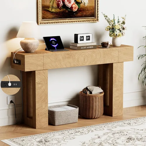 Vista 11 de Mesa consola de 63 pulgadas de largo con salidas y puertos USB, mesa rectangular estrecha para sofá detrás del sofá, mesa de entrada de granja