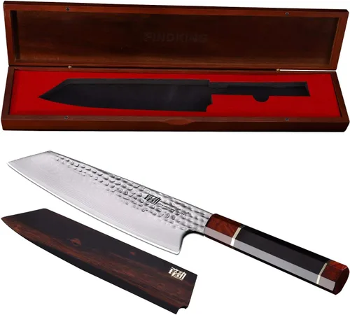 Vista 7 de Cuchillo Kiritsuke Serie Prestige con Funda de Nogal, Hoja de Acero Damasco VG10 Japonés, Mango Octagonal de Madera de Ébano, Cuchillo Profesional