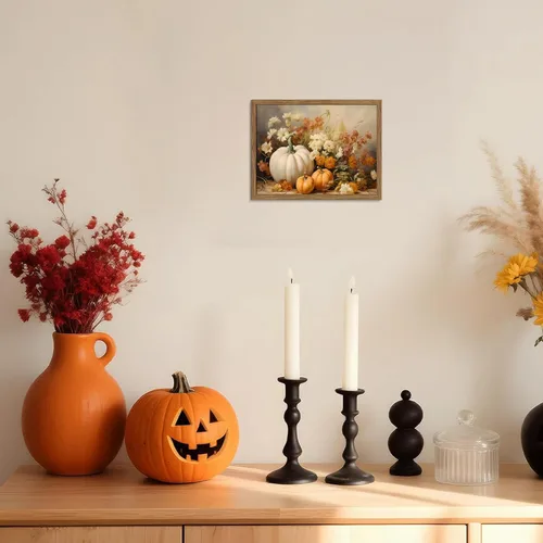 Vista 4 de Arte de pared enmarcado de calabaza de otoño, impresión en lienzo de calabaza blanca y flores de otoño, cosecha rústica de granja, Halloween, Acción