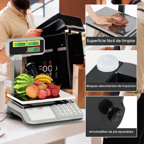 Vista 7 de S AFSTAR Báscula de cálculo de precios con pantalla de poste, báscula comercial de alimentos de 88 lb con plataforma de acero inoxidable, batería