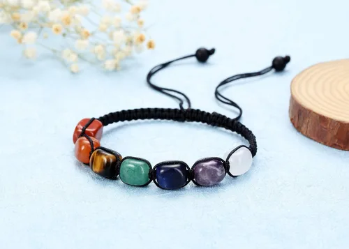 Vista 3 de Top Plaza Pulsera de yoga de 7 chakras con piedra curativa de reiki, piedras preciosas naturales, pulseras de cuerda trenzada para mujeres y niñas