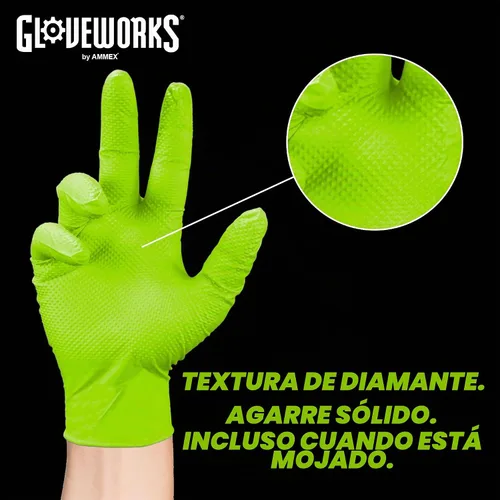 Vista 5 de Gloveworks HD 8 mil Green Nitrile Disposable Industrial Gloves with Raised Diamond Texture - GWGN Box of 100 / Medium