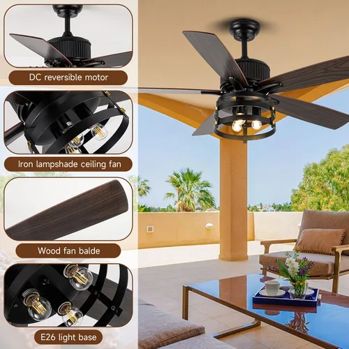 Vista 6 de Ventiladores de techo rústicos de granja con luces y control remoto, ventilador de techo para exteriores para patios con luz, ventilador de techo
