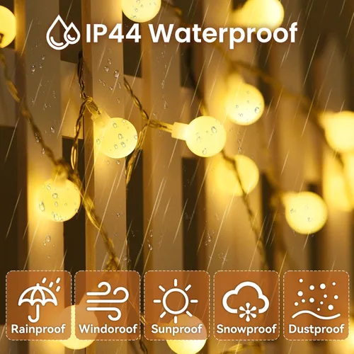 Vista 5 de Dailyart Guirnalda de luces tipo globo, 100 luces LED de 59 pies, impermeables, con enchufe, 8 modos con control remoto, brillo ajustable