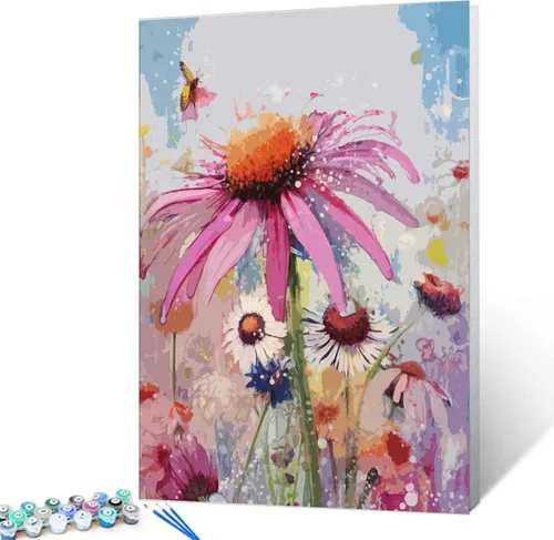 Vista 2 de Tucocoo Kits de pintura por números de flores de equinácea con pinceles y pigmento acrílico sobre lienzo para adultos, hermoso proyecto