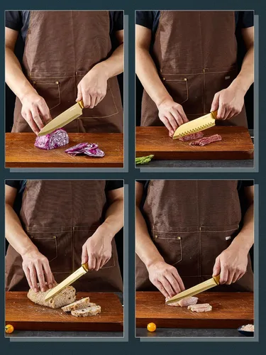 Vista 3 de Aiheal Juego de cuchillos de cocina, 16 piezas de acero inoxidable de alto carbono de color dorado, hoja con revestimiento de titanio, cuchillería