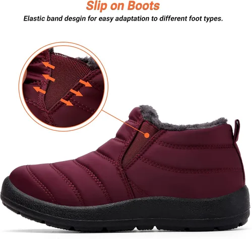 Vista 2 de scecocrs Botas de nieve impermeables sin cordones para mujer, forro de piel, antideslizantes, cómodas, cálidas, botas de tobillo