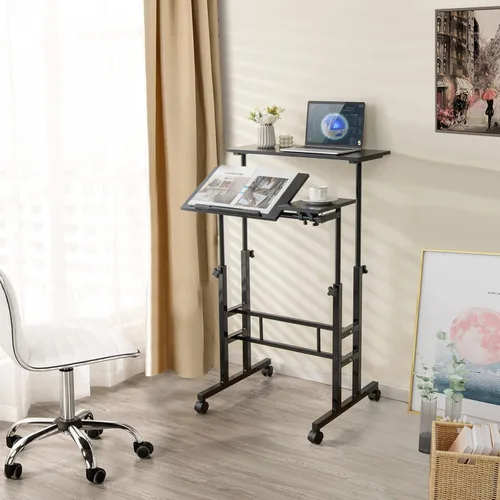Vista 4 de COSTWAY Escritorio móvil de pie, carrito para laptop con escritorio abatible, mesa sobre la cama con ruedas, escritorio de computadora para estar