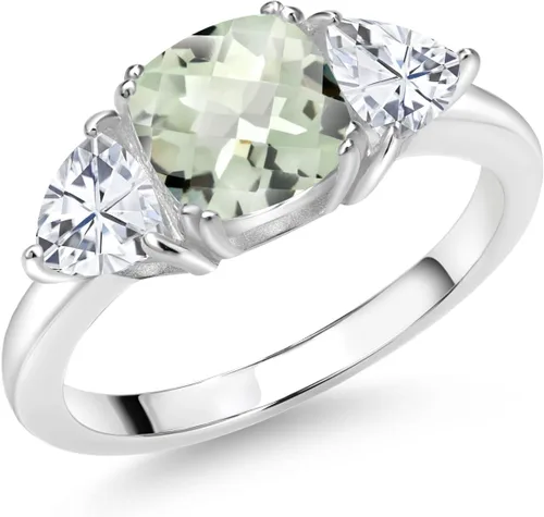 Vista 28 de 925 Sterling Silver Gemstone Birthstone and White Moissanite 3-Stone Engagement Ring for Women 7MM Cushion and 5MM Trillion Accents Three Stone
