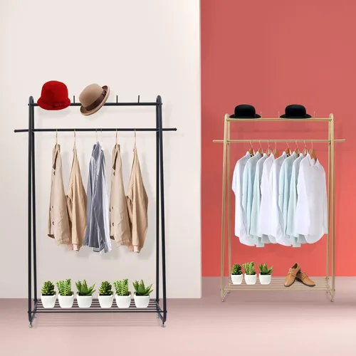 Vista 4 de Perchero de ropa resistente para dormitorio, sala de estar, perchero independiente de acero de estilo moderno con estantes, armario, color negro