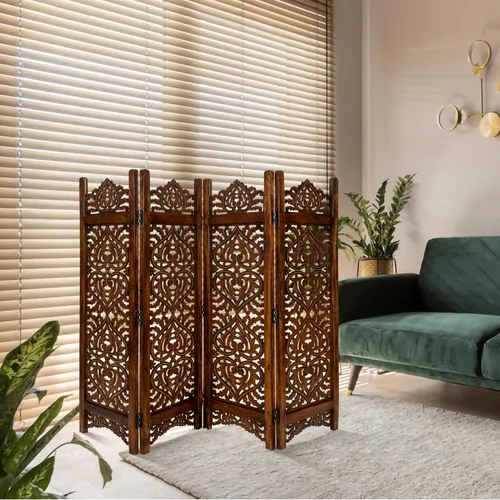 Vista 16 de Lightnpro - Divisor plegable con bisagras de madera con diseño de corazón de madera, 4 paneles con diseños intrincadamente tallados, premontado