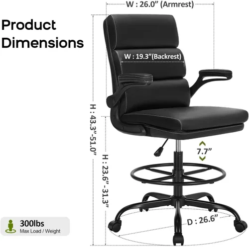 Vista 2 de Silla de Dibujo Silla Alta de Oficina con Reposabrazos Abatibles Acolchados Silla de Escritorio de Pie Ergonómica Ejecutiva para Computadora